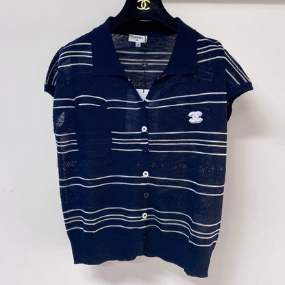 Chanel 2026 Polo Knit Top Navy Flax Lelin With CC Logo 463554
