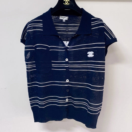 Chanel 2026 Polo Knit Top Navy Flax Lelin With CC Logo 463554