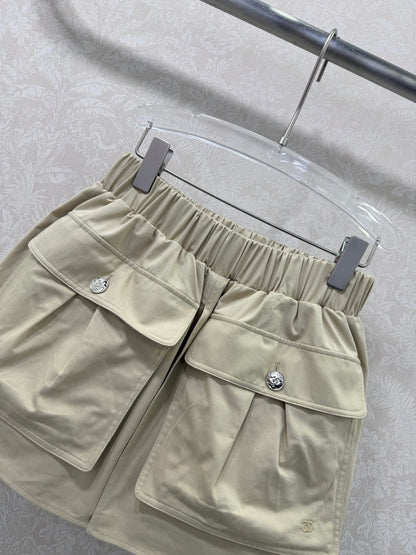 Chanel 2026 Large Pocket Cargo Shorts Skirt Khaki Cotton 359637