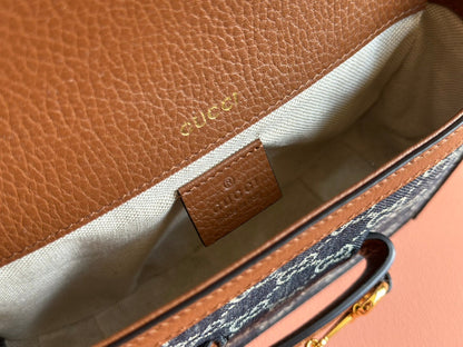 Gucci Horsebit Bag Blue mix Brown Leather Canvas 244253