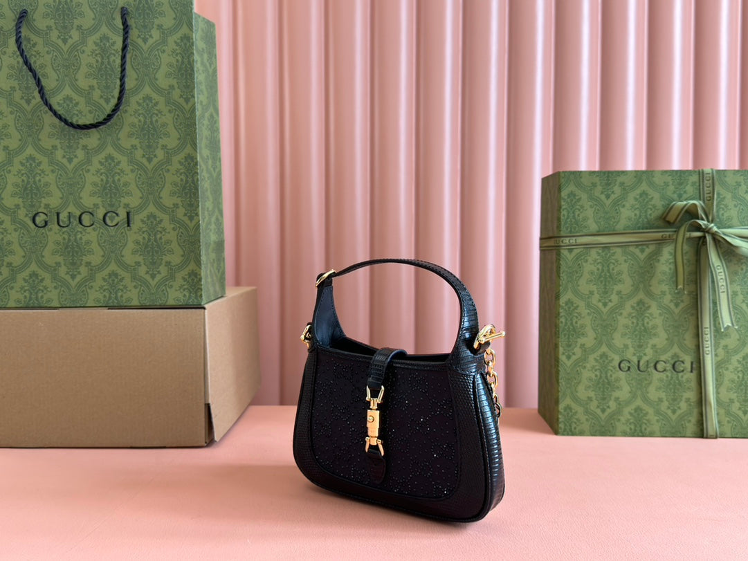Gucci Jacket Bag Black Lizard Rhinestones 248590