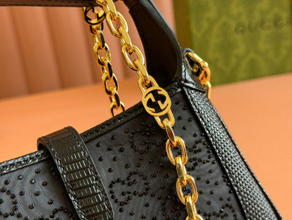 Gucci Jacket Bag Black Lizard Rhinestones 248590