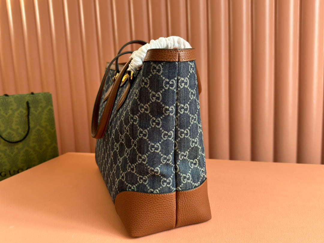 Gucci Ophidia 38cm Bag Blue Brown Leather Canvas 244458