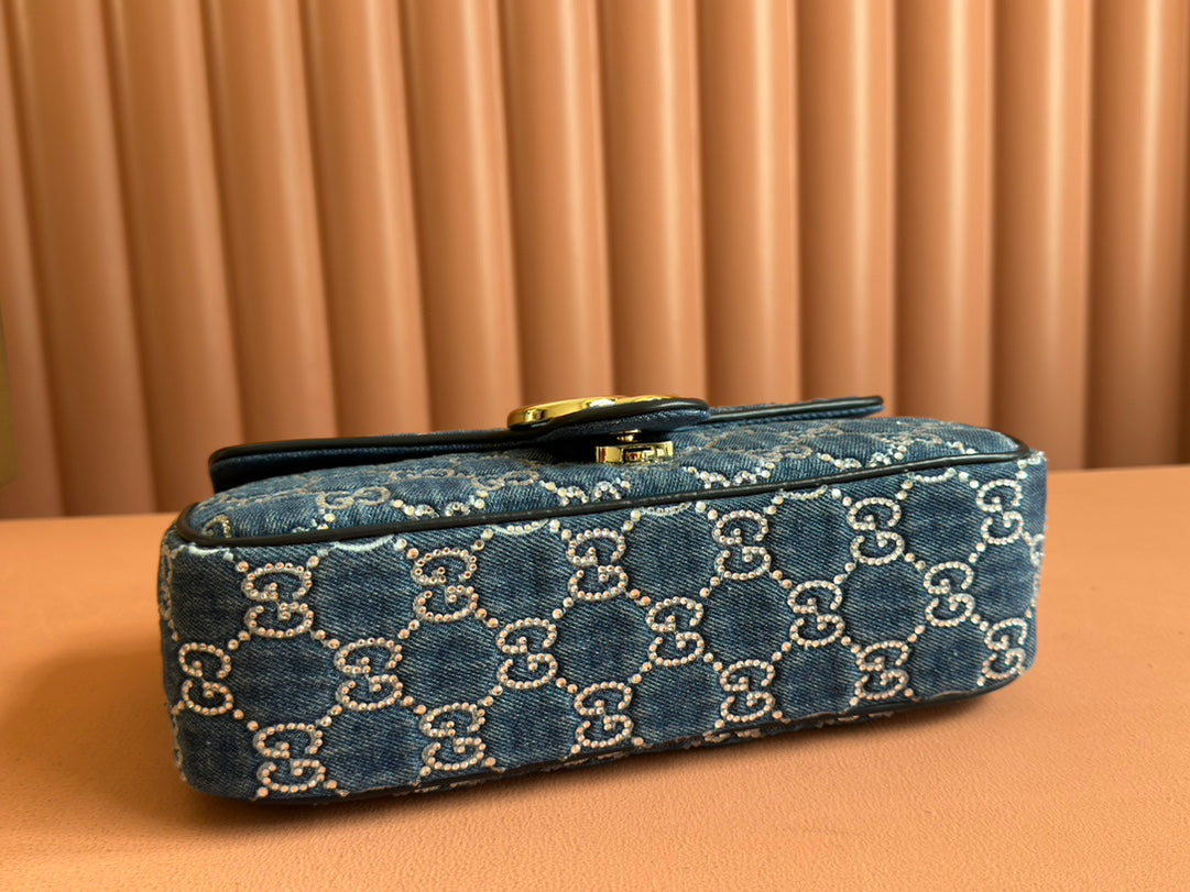 MARMONT SHOULDER BAG 26 IN BLUE DENIM WITH DOUBLE G CRYSTAL PATTERN GOLD HARDWARE
