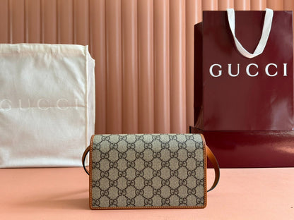 Gucci Emblem Mini Shoulder Bag Beige Brown Canvas Leather 244486