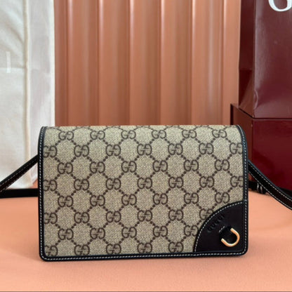 Gucci Emblem Mini Shoulder Bag Beige Blue Canvas Leather 244492