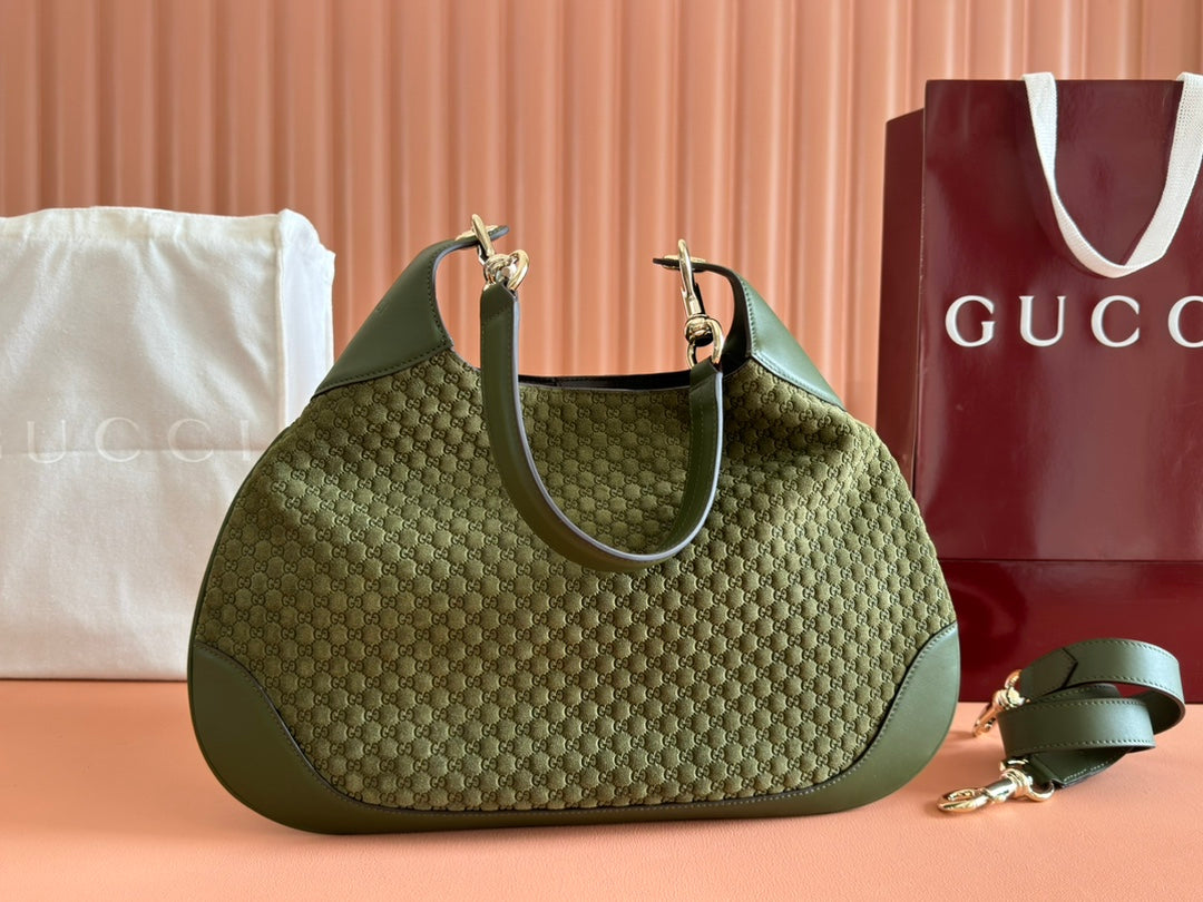 Gucci Body Double Lock Handbag Green Velvet Embossed Leather 244511