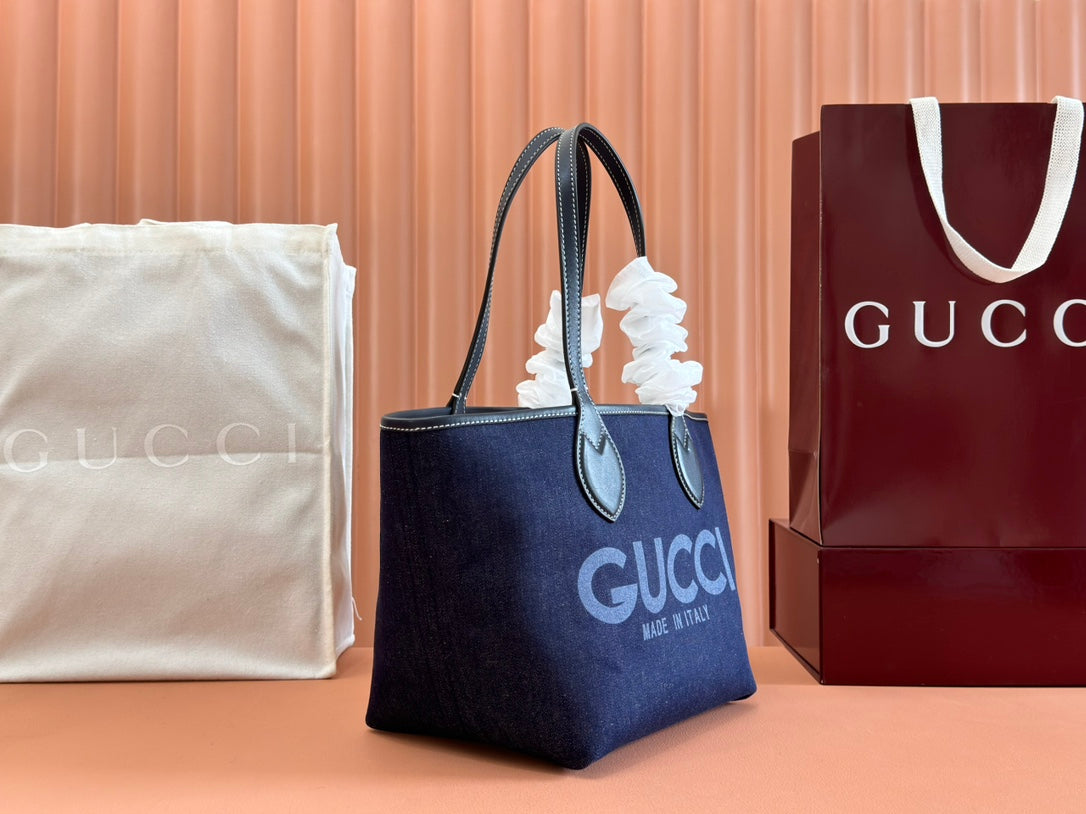 Gucci Totissima Tote Bag Dark Blue Denim Leather