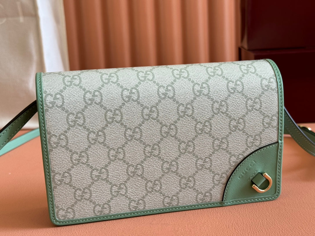 Gucci Emblem Mini Shoulder Bag Beige Green Canvas Leather 244543