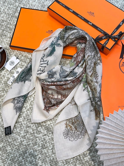 Scarf 140 CM Brown Colorful Cashmere And Silk  394551