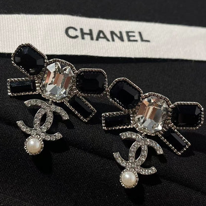 Chanel Black Diamond Square Diamond Panda Two-Tone Double C Pearl Stud Earrings