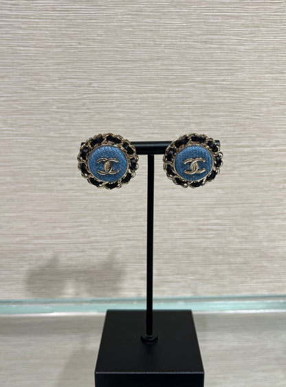 Chanel Gold Double C Leather-Threaded Chain Denim Round Stud Earrings