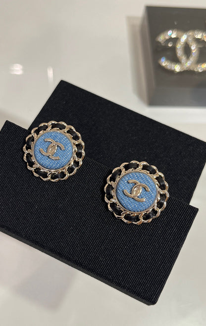 Chanel Gold Double C Leather-Threaded Chain Denim Round Stud Earrings