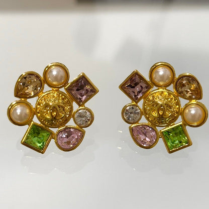 Chanel 2026 Irregular Colored Gemstone Gold Double C Glass Pearl Stud Earrings