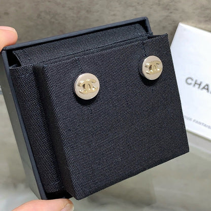 Chanel 2026 Light Gold Double C Silver Button Round Tag Earrings