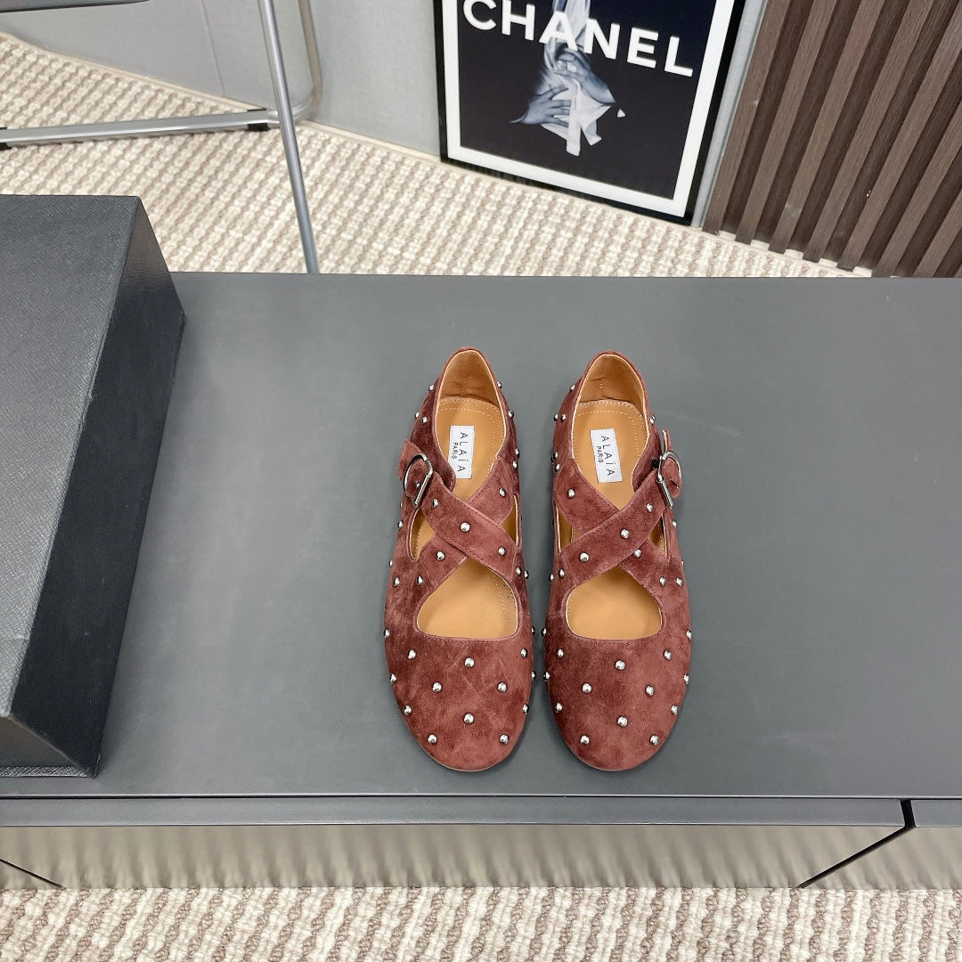 Alaia 2025 Criss Cross With Stud Ballet Flats Brown Suede 293213
