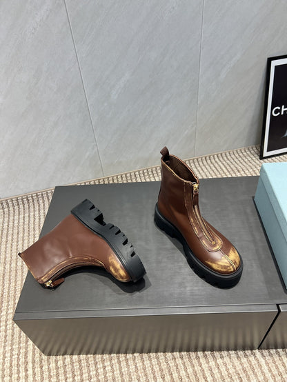 Prada 25 Martin Boots Brown Black Cowhide 501672