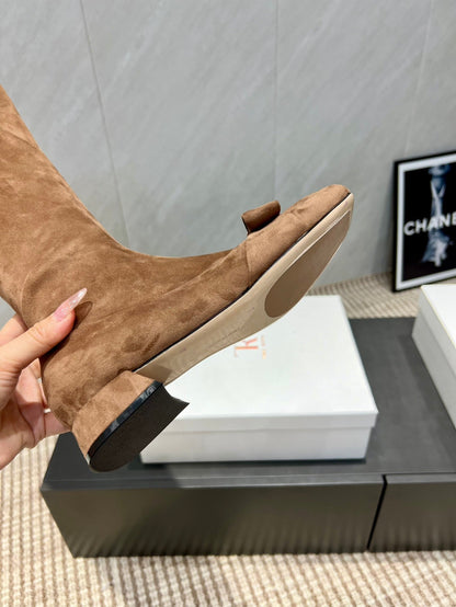 The Row 2025 Square Toe And Bow Accent Long Boot Brown Suede 540515