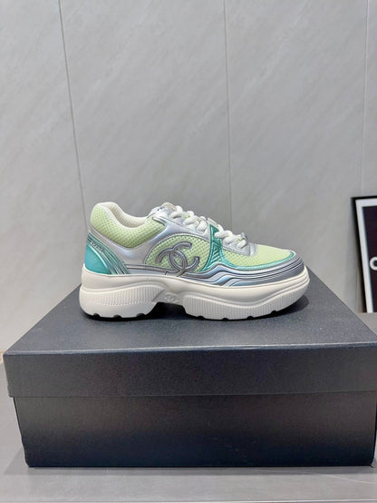Chanel 25 Sneaker White Green Silver Mesh Leather 540315