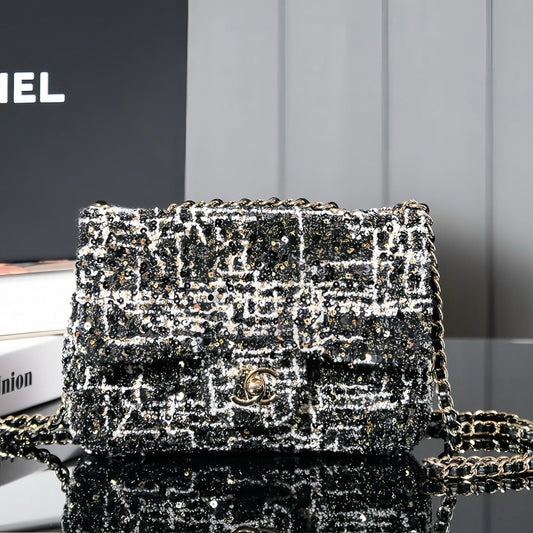 24S Flap Bag 20cm Black White Sequin Calfskin
