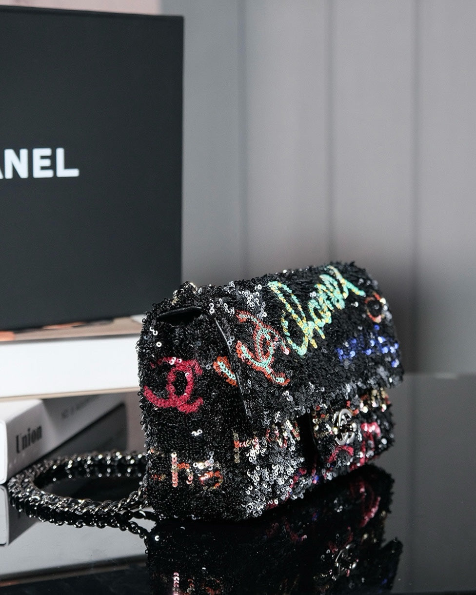 24S Flap Bag 20cm Multicolor Sequin Calfskin