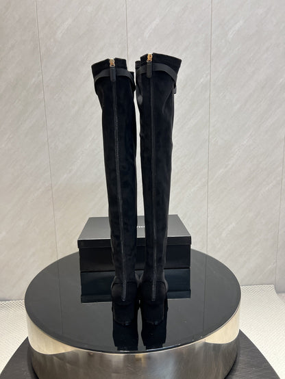 CC 25 Bowknot Stretch Boots Black Velvet Sheepskin 516421