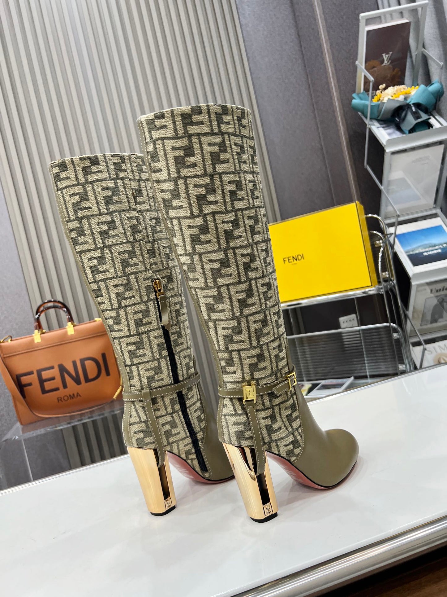 FENDI knee boots high heel monogram olive cowhide 521219