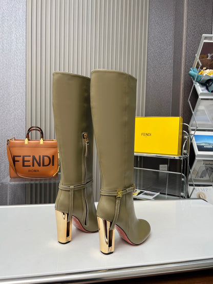 FENDI knee boots high heel olive green cowhide 521209