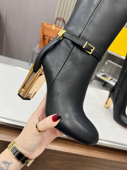 FENDI knee boots high heel black cowhide 521212