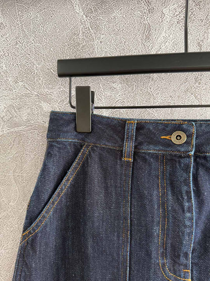 Loewe Pocket Leather Skirt Dark Blue Denim Cotton