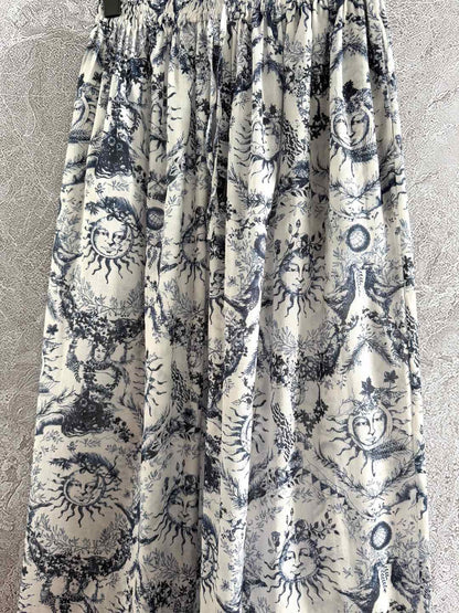 CD Sun God Printed Wide Leg Pants Beige Blue Cotton
