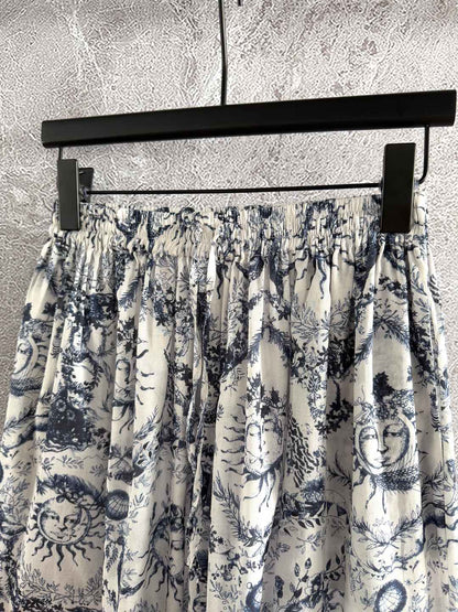 CD Sun God Printed Wide Leg Pants Beige Blue Cotton