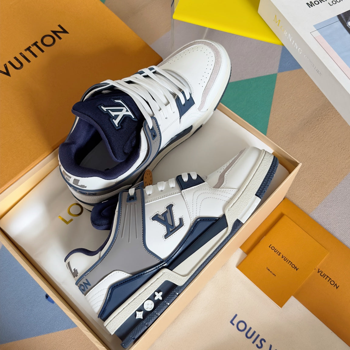 LV Trainer Sneaker 30mm White Mix Blue charcoal Cowhide