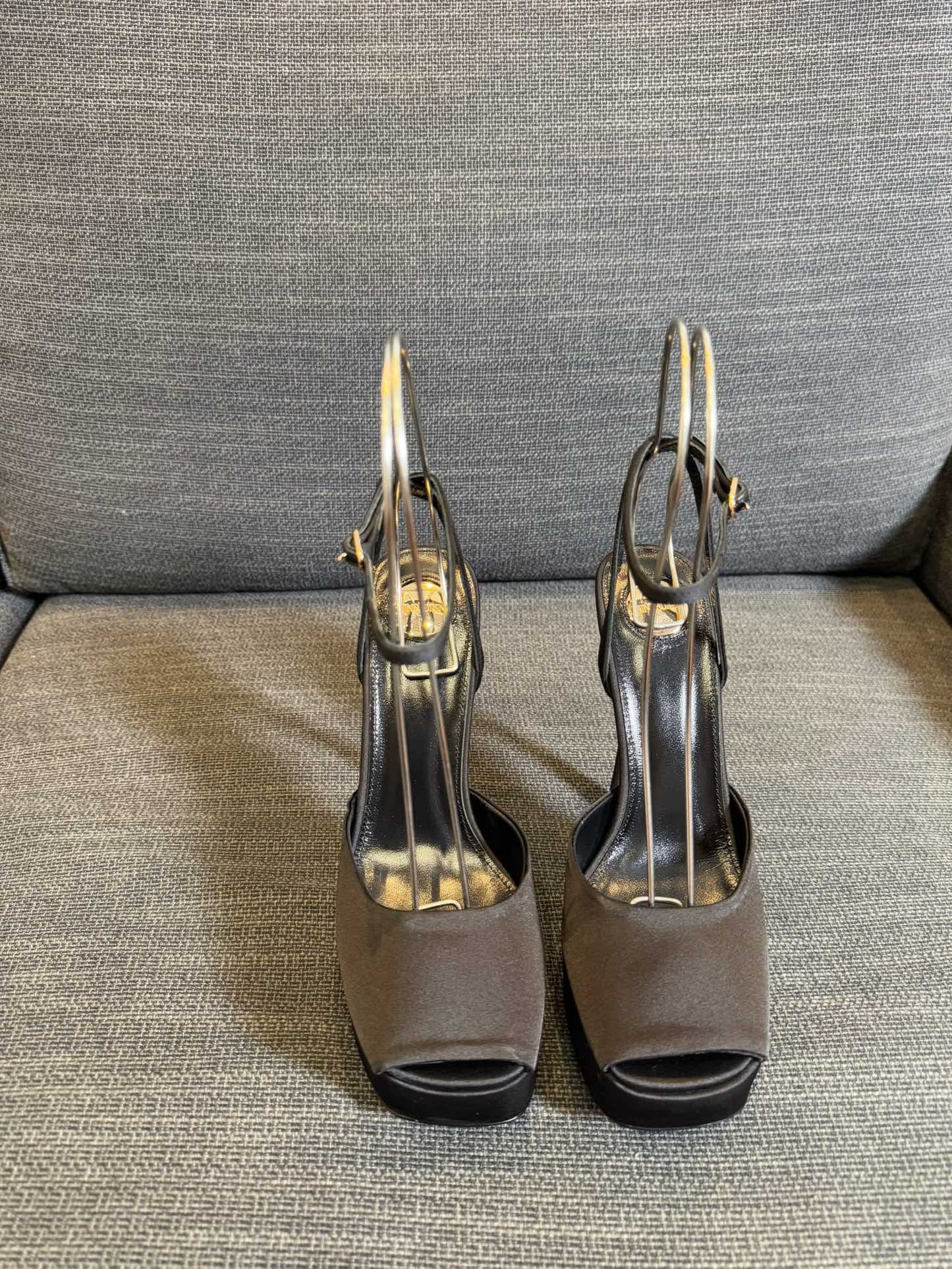 LA SCANDALE PLATFORM SANDALS IN TAUPE BROWN SATIN
