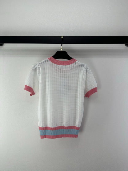 Chanel 2026 Color-blocked Knit Short-sleeved Shirt White Pink Wool 395614