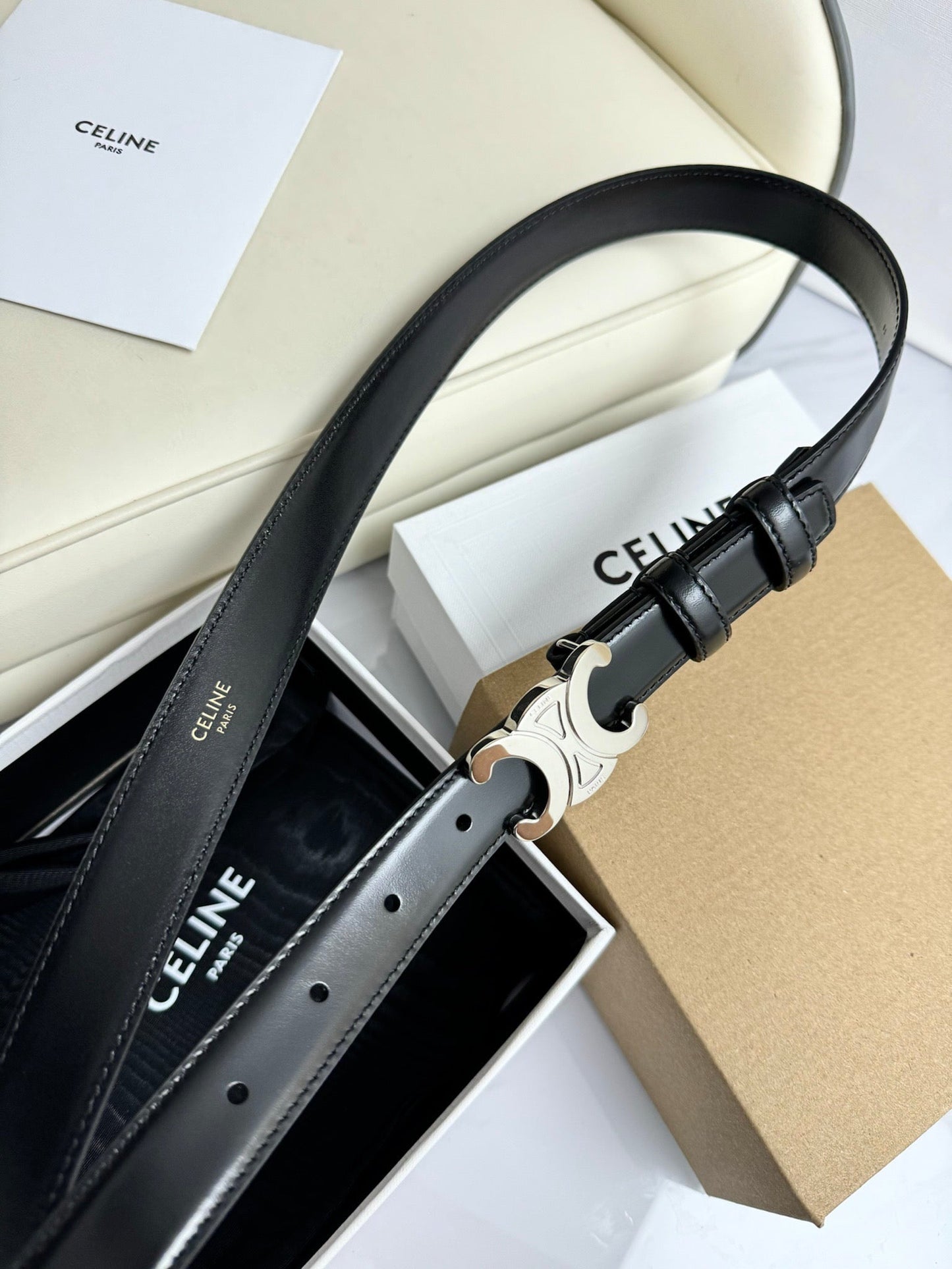 SMALL TRIOMPHE BELT 18 MM BLACK LEATHER SILVER HARDWARE