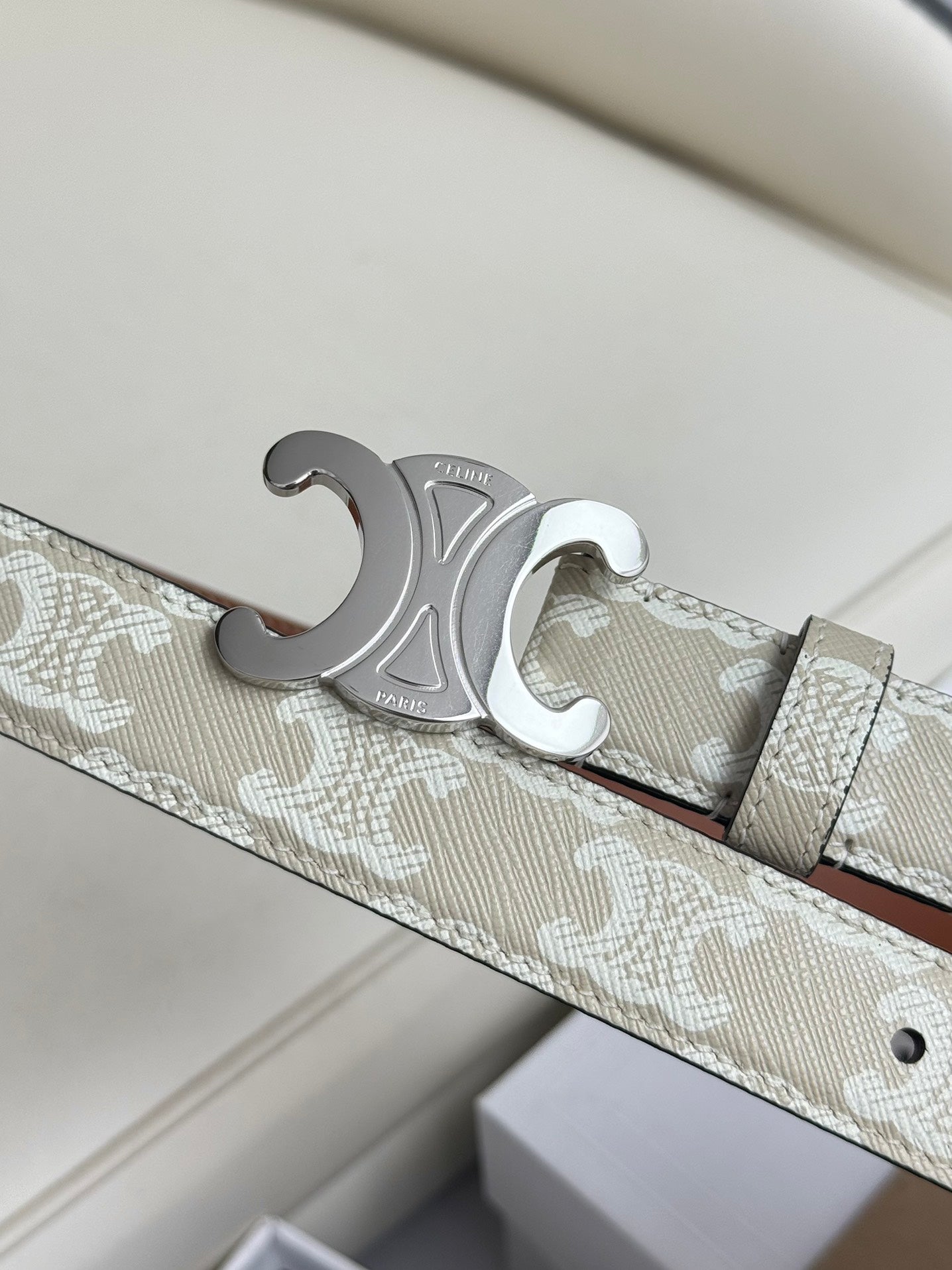 CEL Silver 25mm Triomphe Belt White Beige Canvas 180419