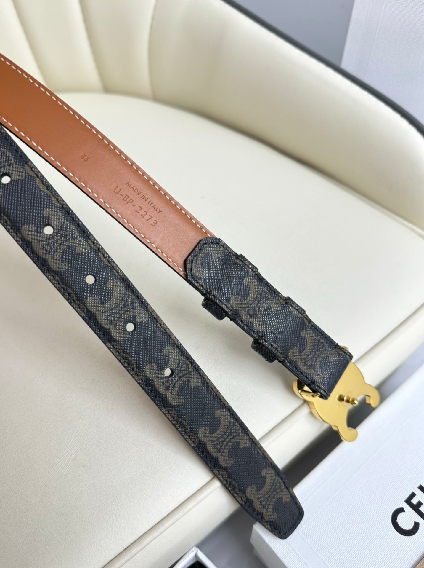 CEL Gold 25mm Triomphe Belt Blue Canvas 180417