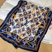 LV Long Scarf 180 Navy Blue Beige Colorful Mulberry Silk 172986