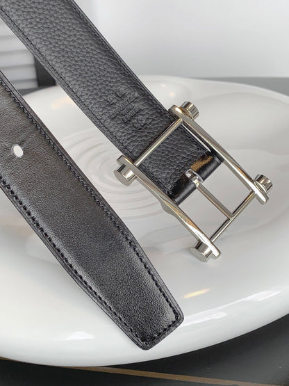 HM REVERSIBLE BLACK LEATHER STRAP 32 MM SILVER HARDWARE