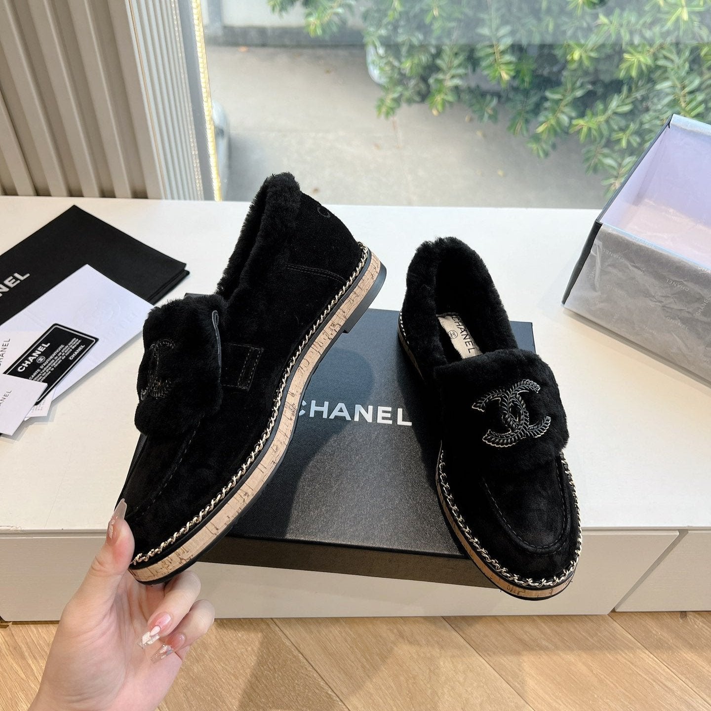 CC Moccasins Black Chain Suede And Fleece