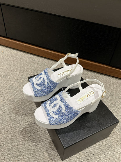 cc sandal 100 blue white tweed sequin
