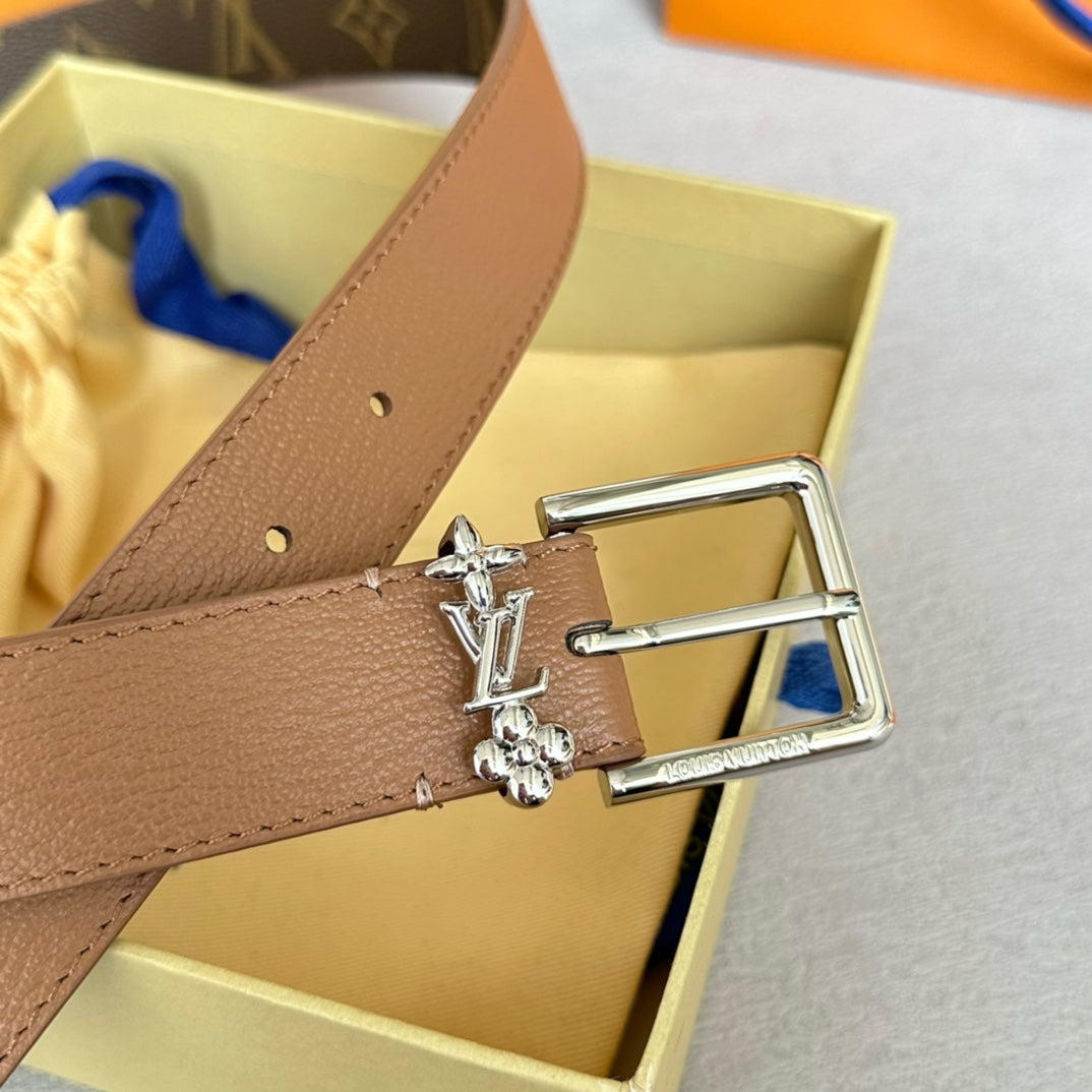 LV Bloom 30mm Belt Silver Buckle Beige Brown Leather