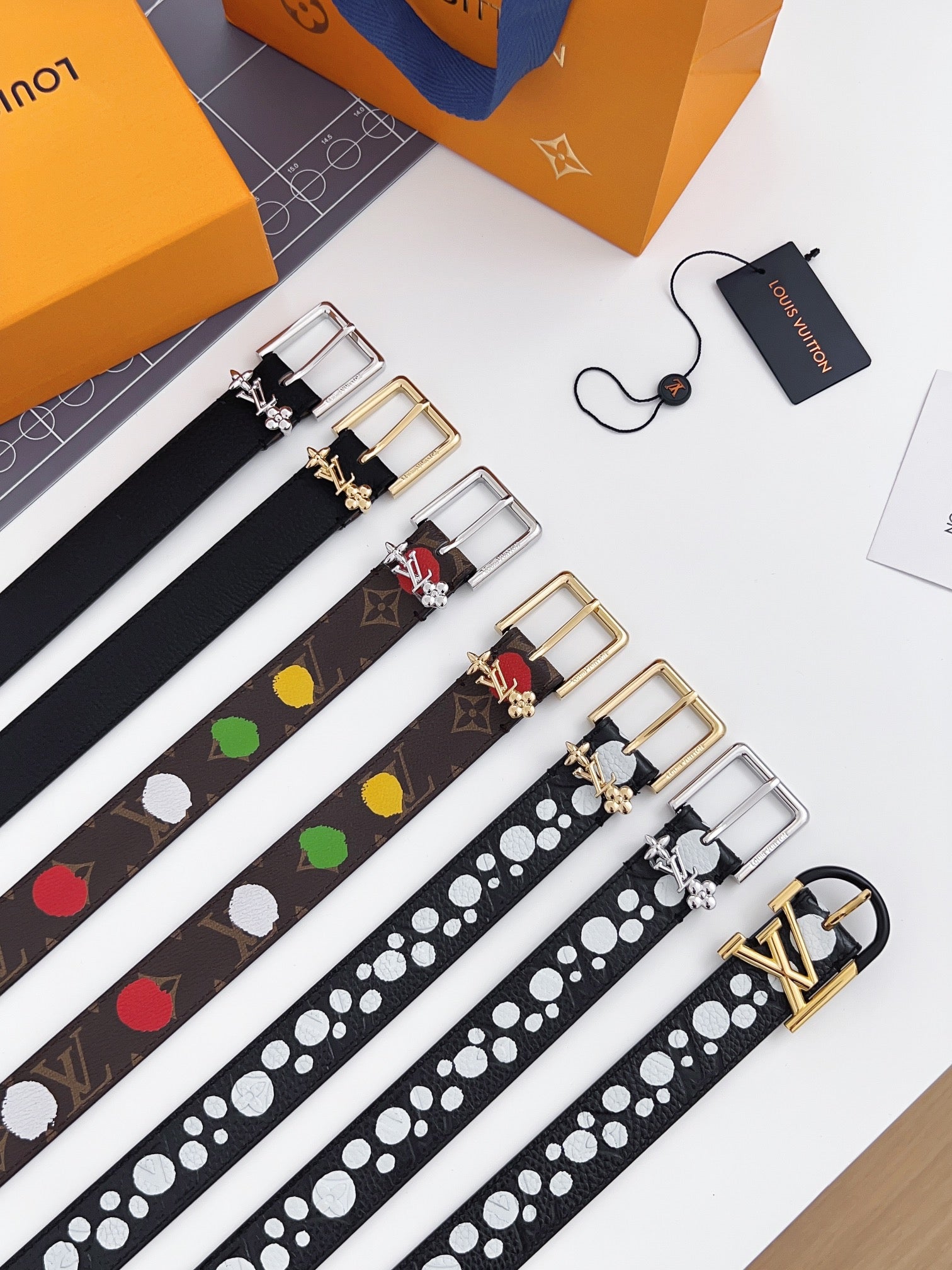 LV Bloom 30mm Mutilcolor Belt Gold Buckle Black Brown Leather