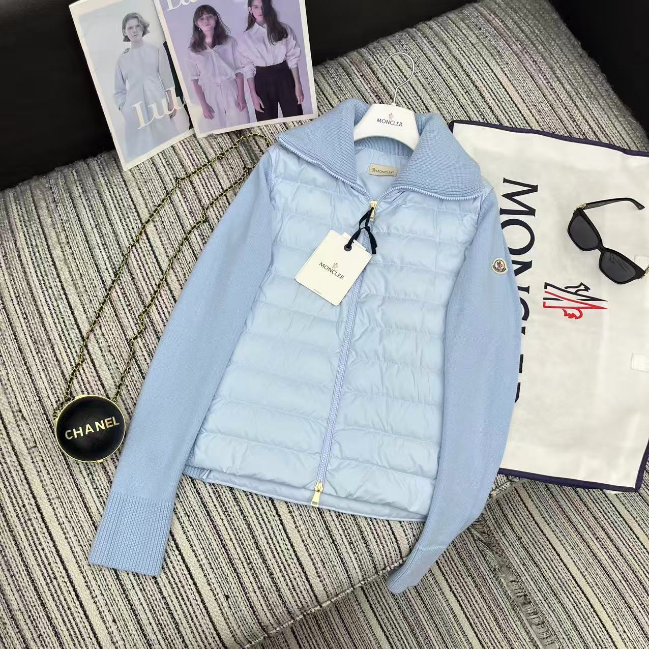 MC 2025 Quilted Knit-panel Puffer Jacket Sky Blue Polyester Wool 528745