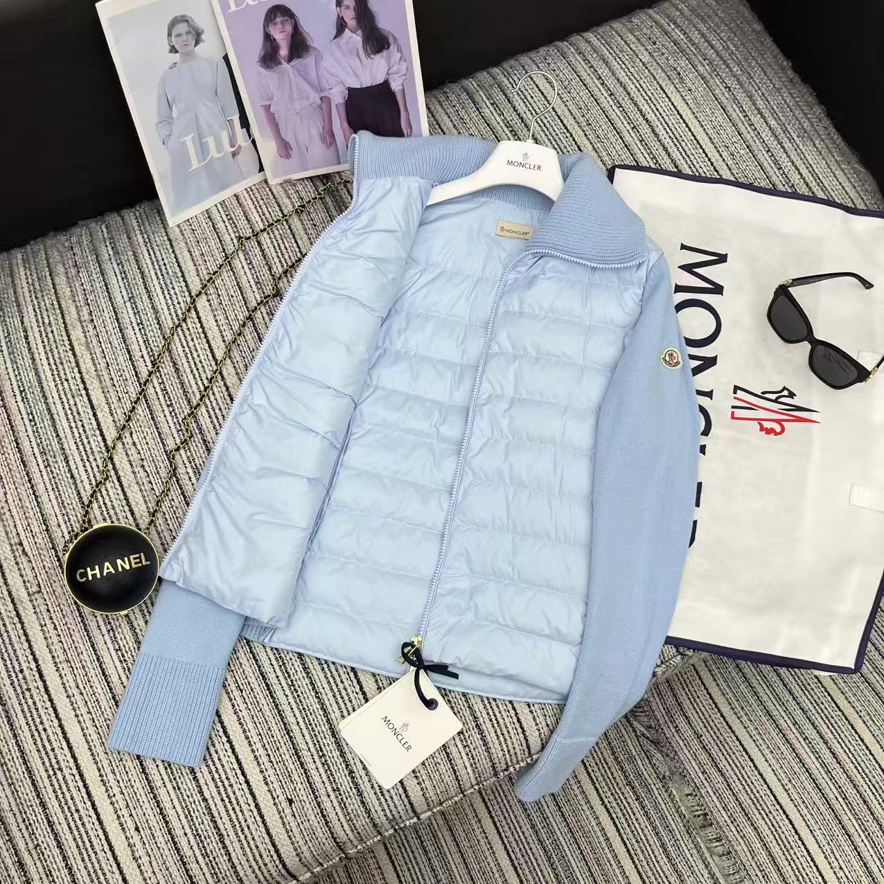 MC 2025 Quilted Knit-panel Puffer Jacket Sky Blue Polyester Wool 528745