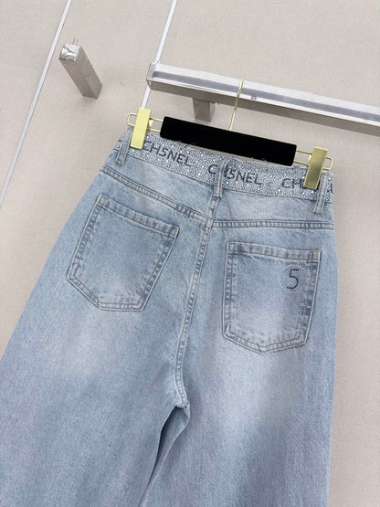 Chanel 2026 Wide-leg Pants With Rhinestone Waist Blue Cotton 371501