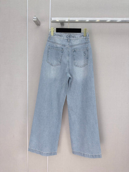 Chanel 2026 Wide-leg Pants With Rhinestone Waist Blue Cotton 371501