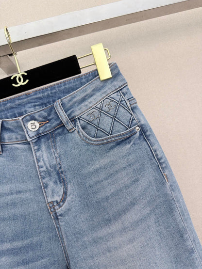 Chanel 2026 Straight-leg Jeans With Rhinestone Quilted Pockets Blue Cotton 377049
