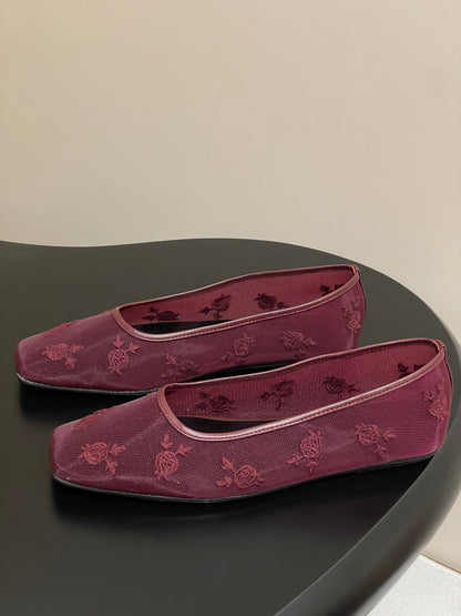 Manolo 25 Ballet Flats Red Mesh Fabric 319740